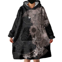 Hawaiian Tropical Plants and Chameleon Wearable Blanket Hoodie Polynesian Art Grayscale LT03 - Polynesian Pride