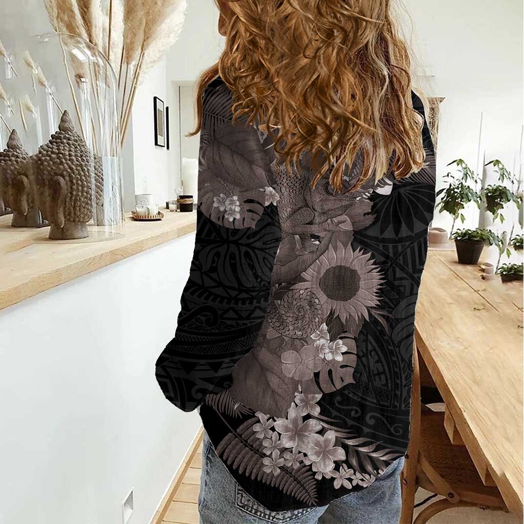 Hawaiian Tropical Plants and Chameleon Women Casual Shirt Polynesian Art Grayscale - Polynesian Pride