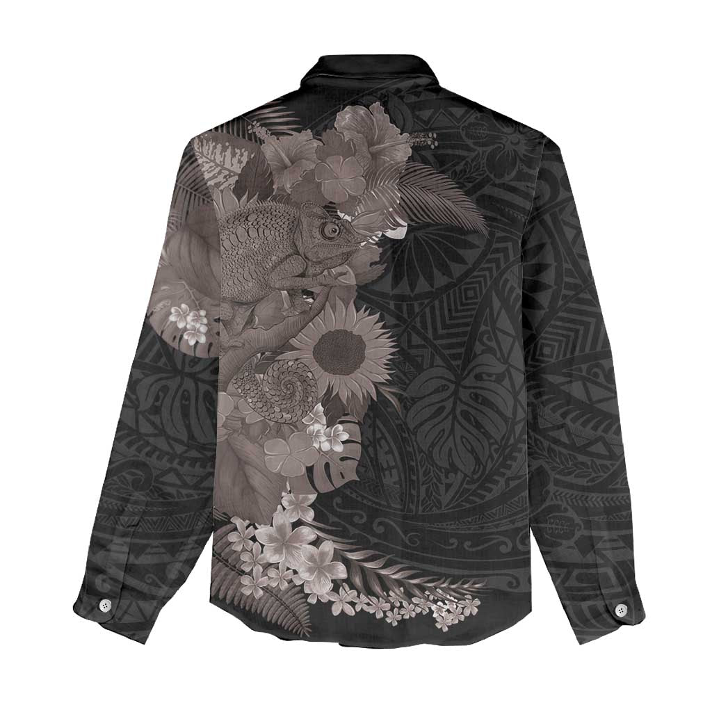 Hawaiian Tropical Plants and Chameleon Women Casual Shirt Polynesian Art Grayscale - Polynesian Pride