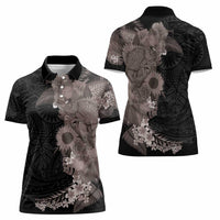 Hawaiian Tropical Plants and Chameleon Women Polo Shirt Polynesian Art Grayscale - Polynesian Pride