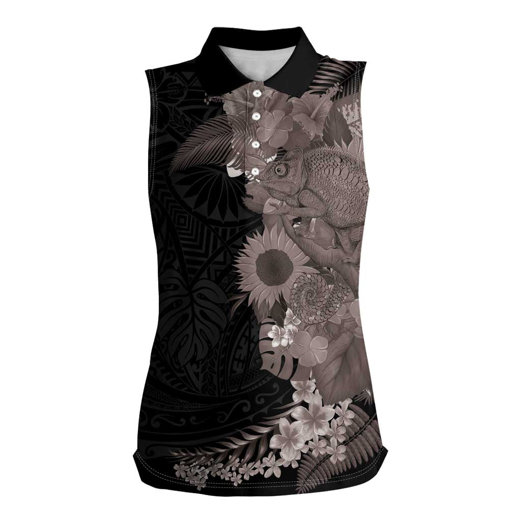 Hawaiian Tropical Plants and Chameleon Women Sleeveless Polo Shirt Polynesian Art Grayscale - Polynesian Pride