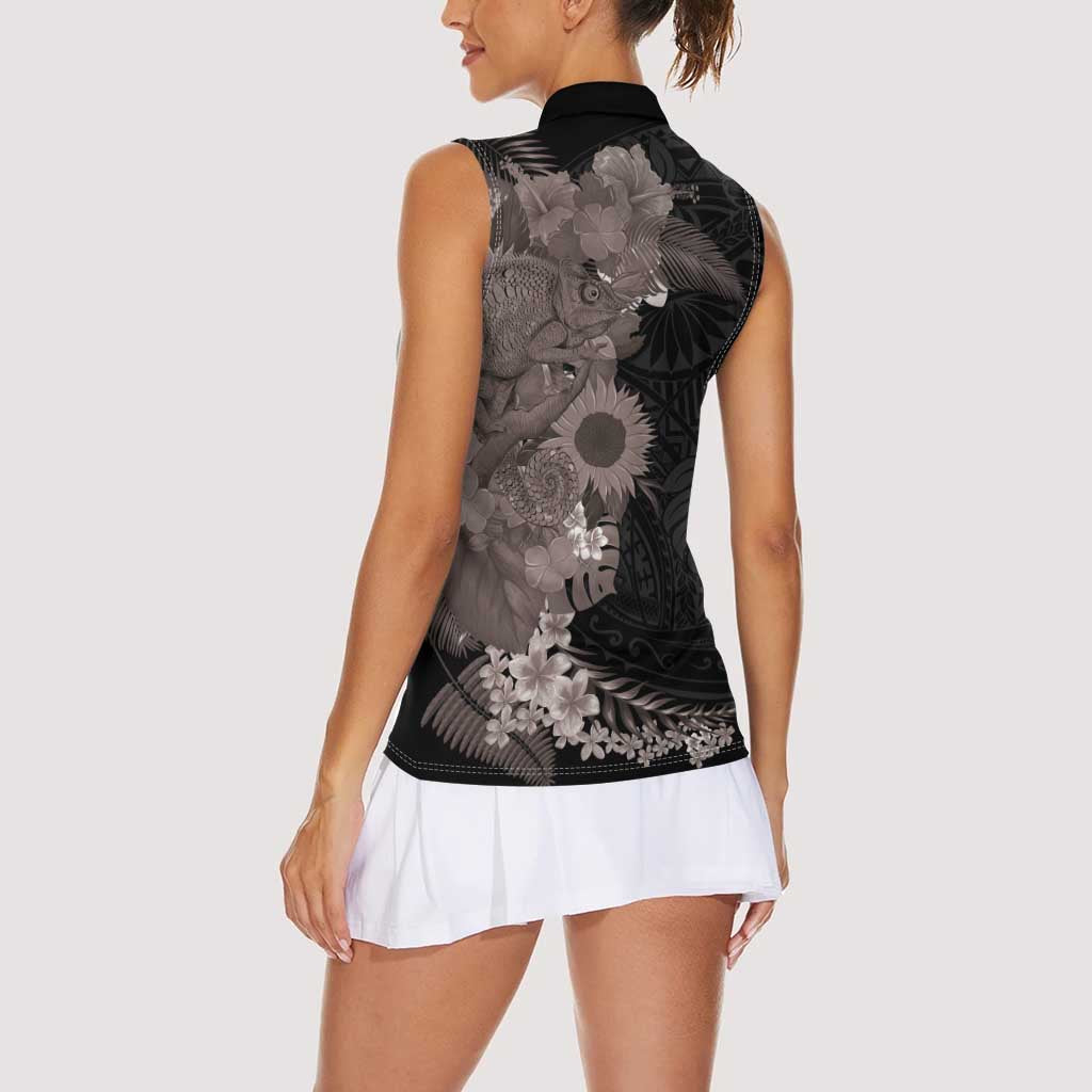 Hawaiian Tropical Plants and Chameleon Women Sleeveless Polo Shirt Polynesian Art Grayscale - Polynesian Pride