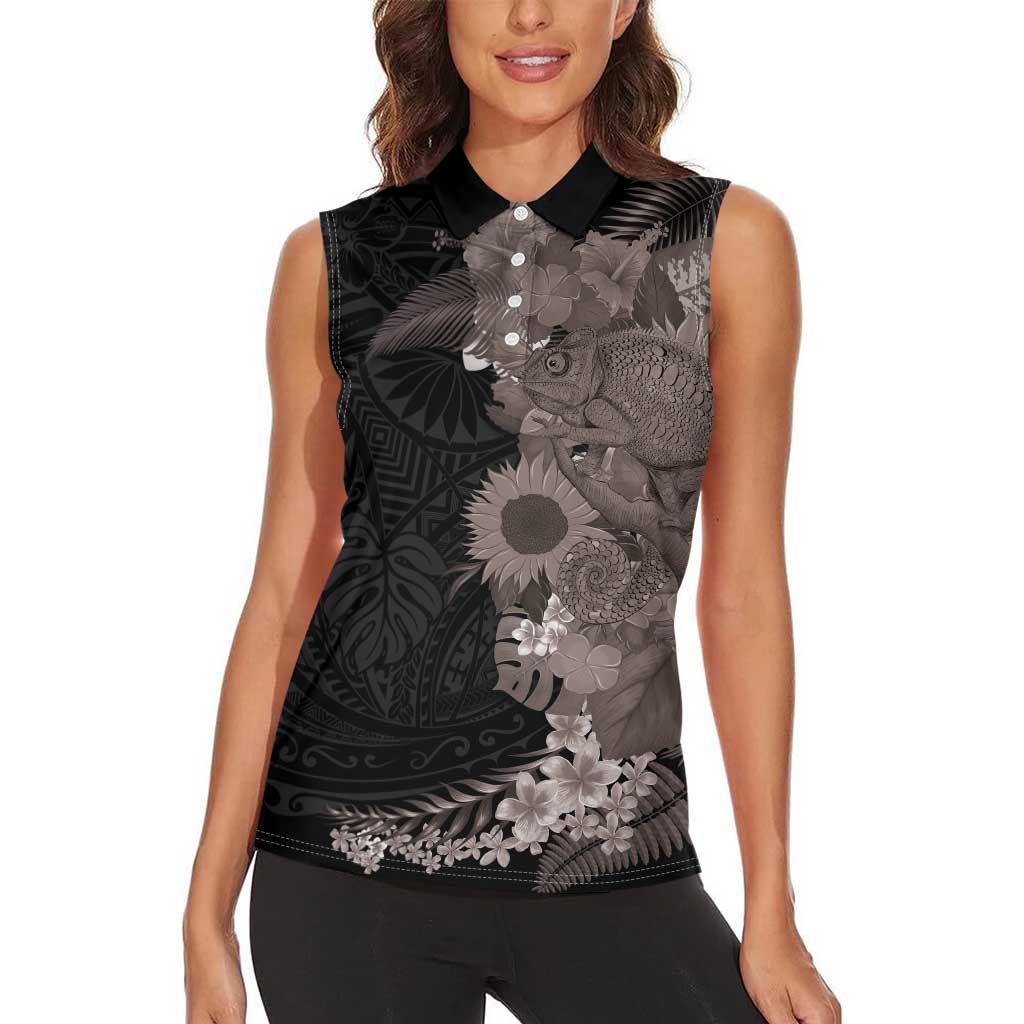Hawaiian Tropical Plants and Chameleon Women Sleeveless Polo Shirt Polynesian Art Grayscale - Polynesian Pride