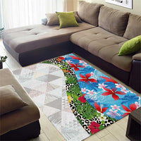 Hawaiian Tropical Flowers and Leaves Area Rug on Leopard Pattern Half Style White-Blue Version - Polynesian Pride