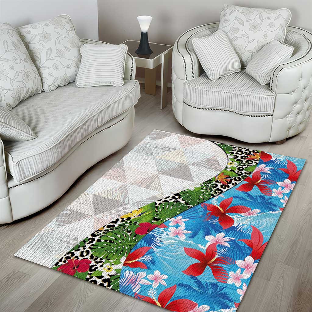 Hawaiian Tropical Flowers and Leaves Area Rug on Leopard Pattern Half Style White-Blue Version - Polynesian Pride