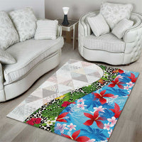Hawaiian Tropical Flowers and Leaves Area Rug on Leopard Pattern Half Style White-Blue Version - Polynesian Pride