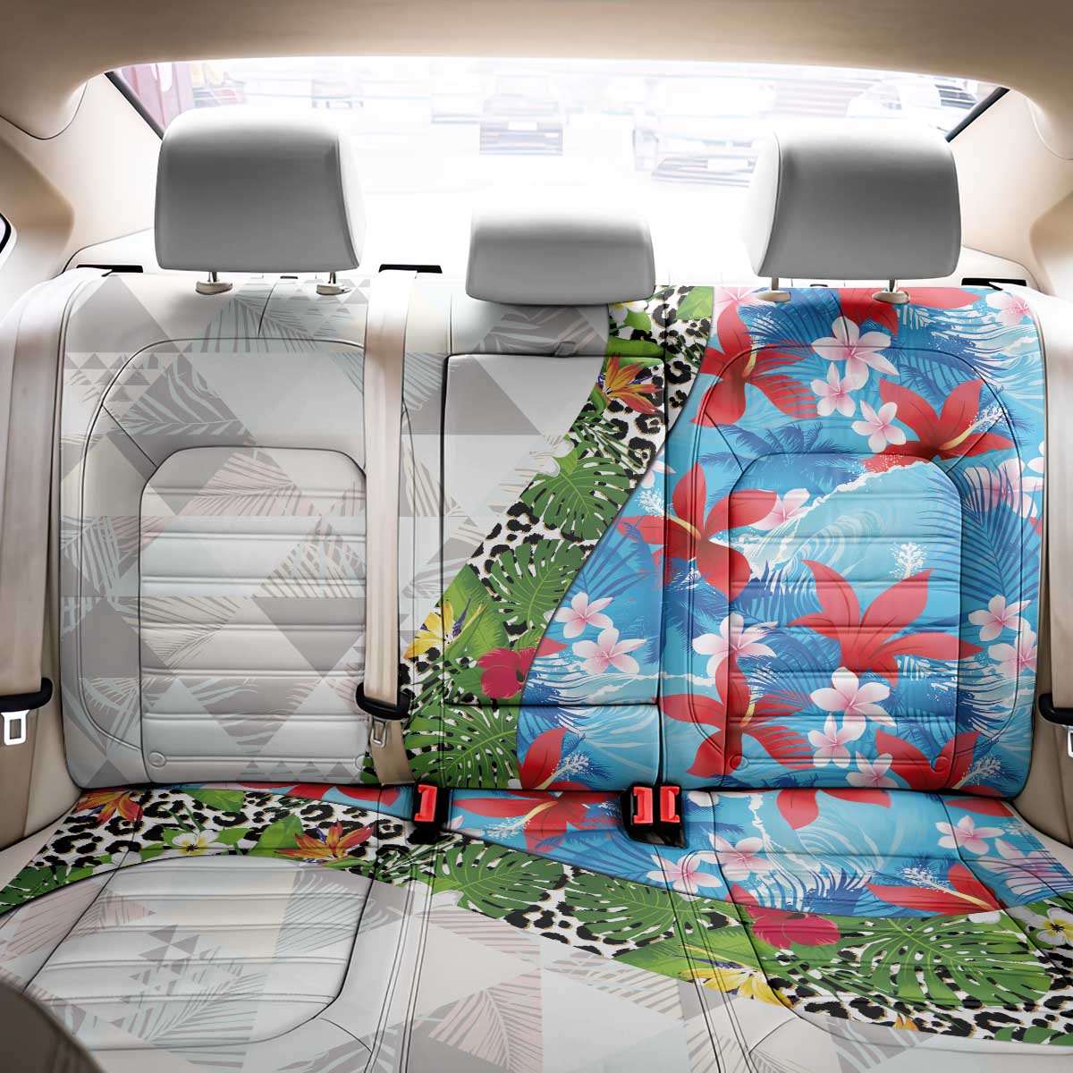 Hawaiian Tropical Flowers and Leaves Back Car Seat Cover on Leopard Pattern Half Style White-Blue Version - Polynesian Pride
