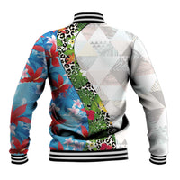 Hawaiian Tropical Flowers and Leaves Baseball Jacket on Leopard Pattern Half Style White-Blue Version LT03 - Polynesian Pride