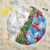 Hawaiian Tropical Flowers and Leaves Beach Blanket on Leopard Pattern Half Style White-Blue Version LT03 One Size 150cm White - Polynesian Pride