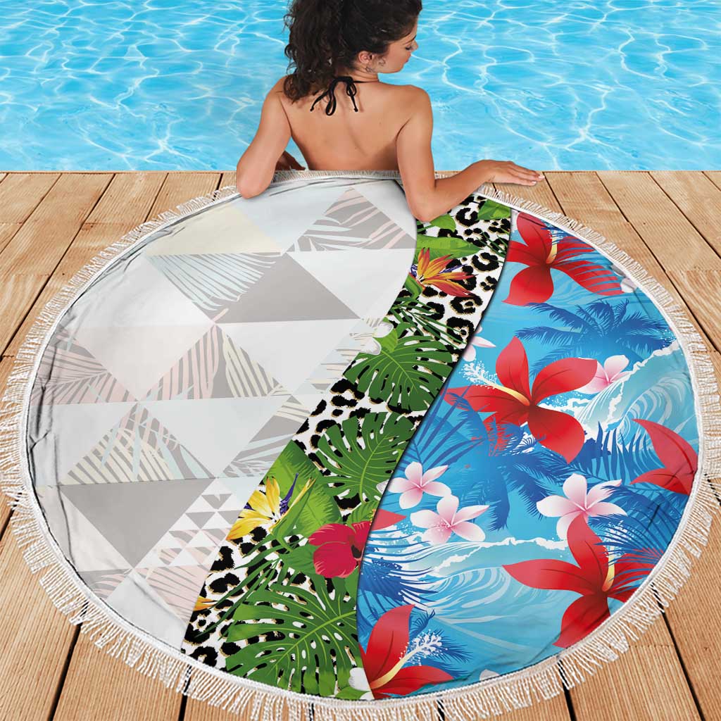 Hawaiian Tropical Flowers and Leaves Beach Blanket on Leopard Pattern Half Style White-Blue Version LT03 - Polynesian Pride