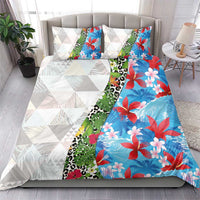 Hawaiian Tropical Flowers and Leaves Bedding Set on Leopard Pattern Half Style White-Blue Version - Polynesian Pride
