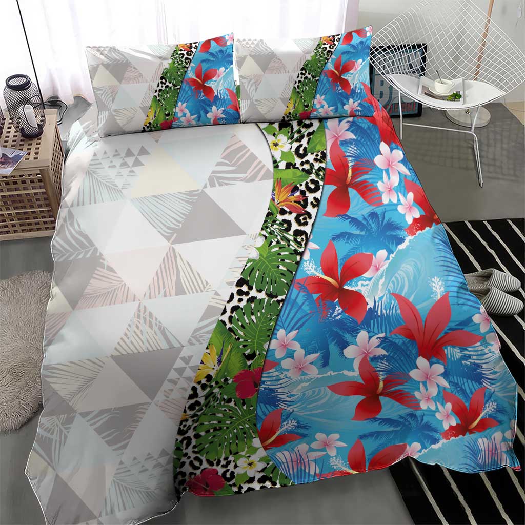 Hawaiian Tropical Flowers and Leaves Bedding Set on Leopard Pattern Half Style White-Blue Version - Polynesian Pride