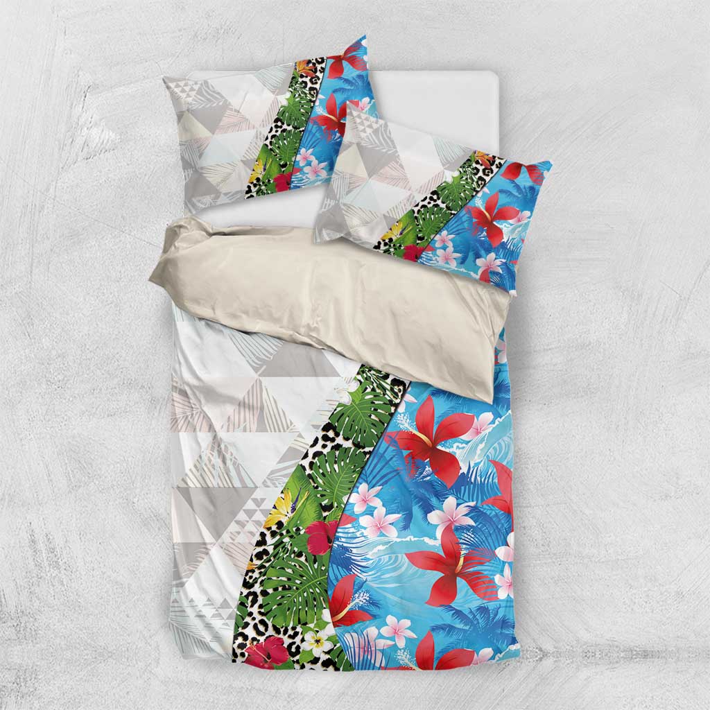 Hawaiian Tropical Flowers and Leaves Bedding Set on Leopard Pattern Half Style White-Blue Version - Polynesian Pride