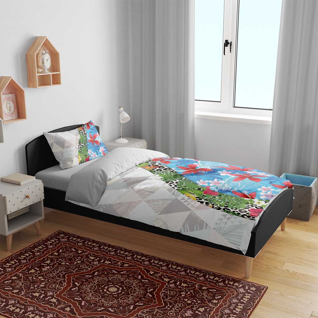 Hawaiian Tropical Flowers and Leaves Bedding Set on Leopard Pattern Half Style White-Blue Version - Polynesian Pride