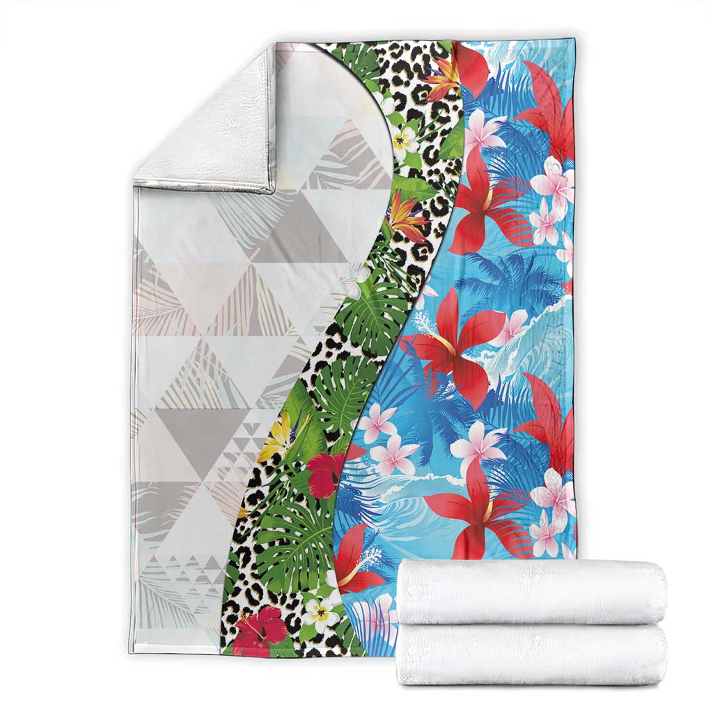 Hawaiian Tropical Flowers and Leaves Blanket on Leopard Pattern Half Style White-Blue Version - Polynesian Pride