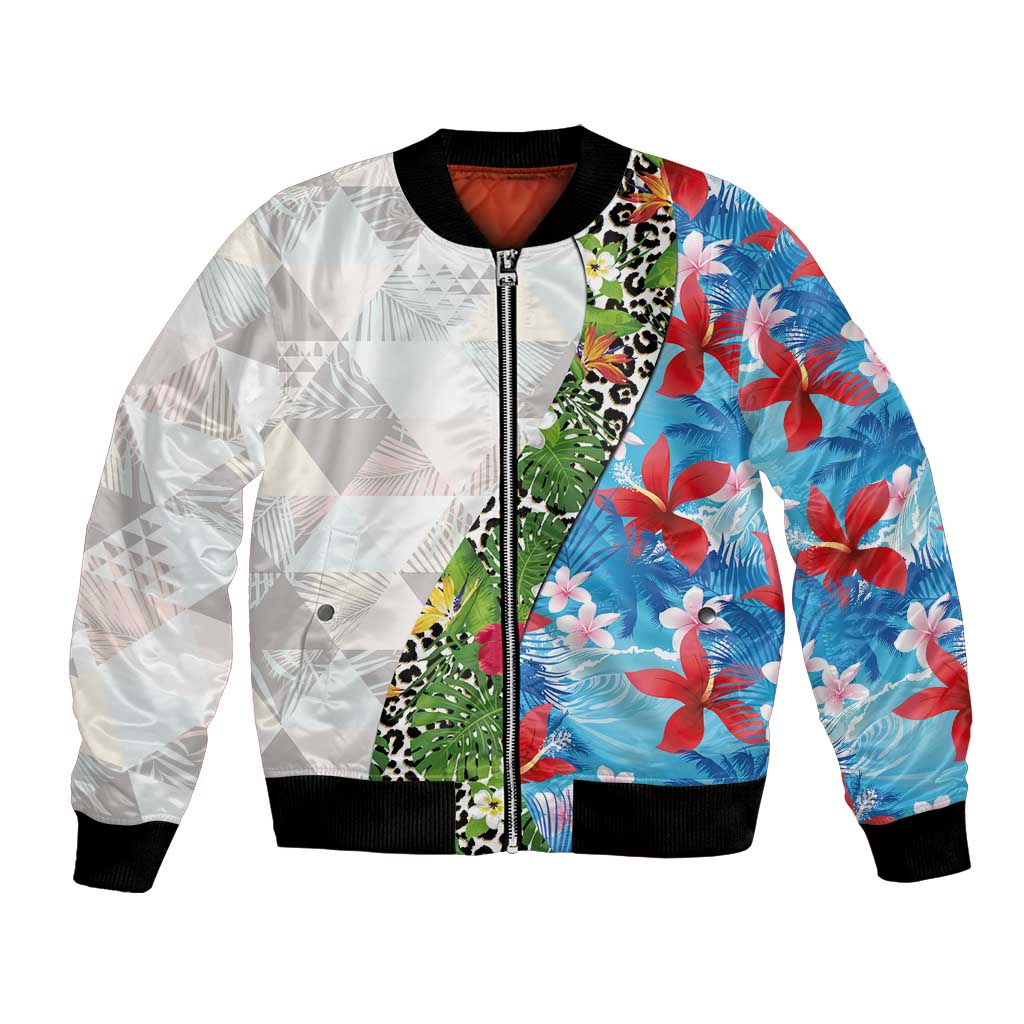 Hawaiian Tropical Flowers and Leaves Bomber Jacket on Leopard Pattern Half Style White-Blue Version - Polynesian Pride