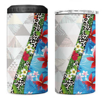 Hawaiian Tropical Flowers and Leaves 4 in 1 Can Cooler Tumbler on Leopard Pattern Half Style White-Blue Version - Polynesian Pride