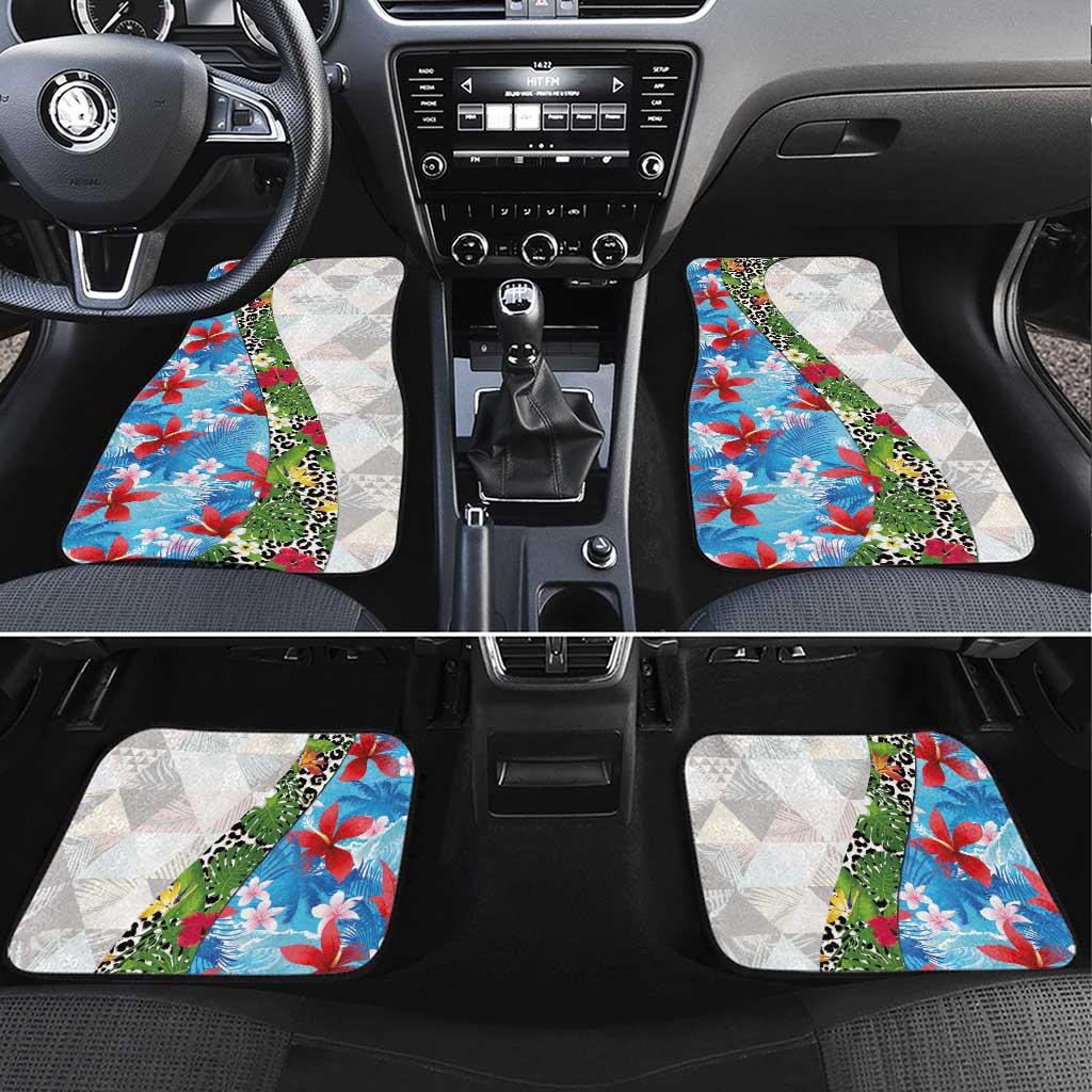 Hawaiian Tropical Flowers and Leaves Car Mats on Leopard Pattern Half Style White-Blue Version - Polynesian Pride