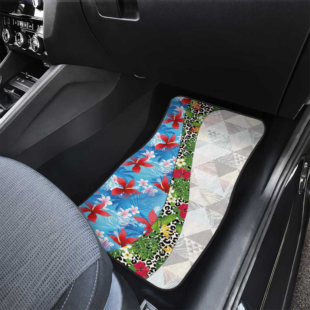 Hawaiian Tropical Flowers and Leaves Car Mats on Leopard Pattern Half Style White-Blue Version - Polynesian Pride