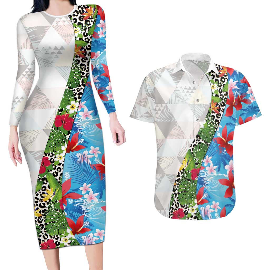 Hawaiian Tropical Flowers and Leaves Couples Matching Long Sleeve Bodycon Dress and Hawaiian Shirt on Leopard Pattern Half Style White-Blue Version LT03 White - Polynesian Pride