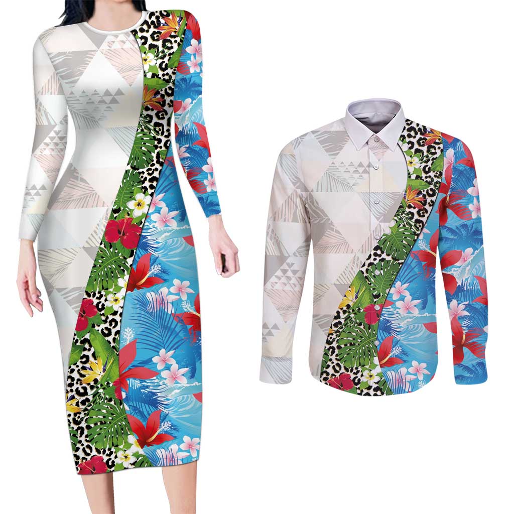 Hawaiian Tropical Flowers and Leaves Couples Matching Long Sleeve Bodycon Dress and Long Sleeve Button Shirt on Leopard Pattern Half Style White-Blue Version LT03 White - Polynesian Pride