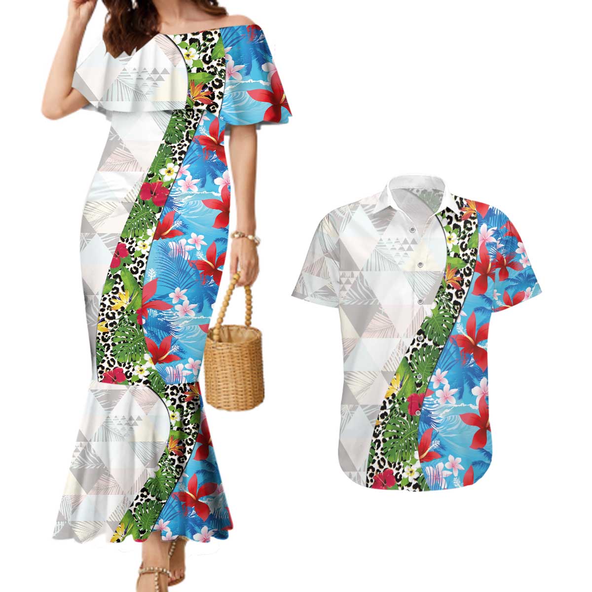 Hawaiian Tropical Flowers and Leaves Couples Matching Mermaid Dress and Hawaiian Shirt on Leopard Pattern Half Style White-Blue Version LT03 White - Polynesian Pride