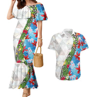 Hawaiian Tropical Flowers and Leaves Couples Matching Mermaid Dress and Hawaiian Shirt on Leopard Pattern Half Style White-Blue Version LT03 White - Polynesian Pride