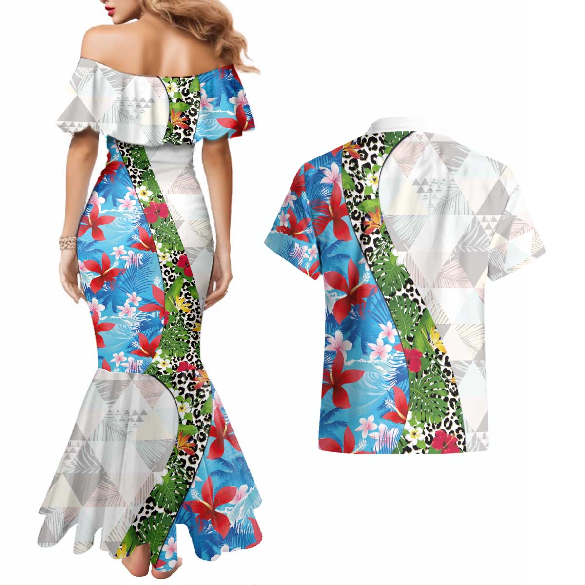 Hawaiian Tropical Flowers and Leaves Couples Matching Mermaid Dress and Hawaiian Shirt on Leopard Pattern Half Style White-Blue Version LT03 - Polynesian Pride