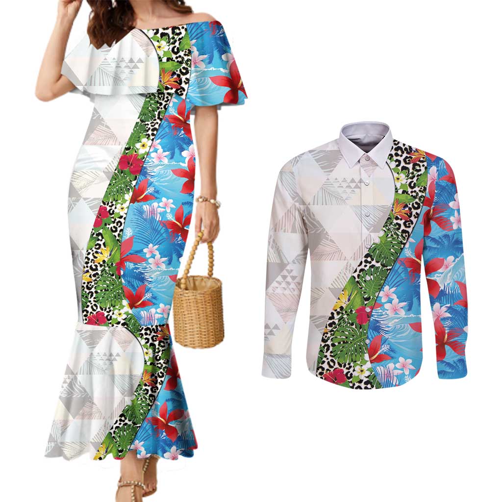 Hawaiian Tropical Flowers and Leaves Couples Matching Mermaid Dress and Long Sleeve Button Shirt on Leopard Pattern Half Style White-Blue Version LT03 White - Polynesian Pride