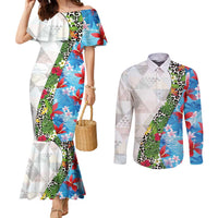 Hawaiian Tropical Flowers and Leaves Couples Matching Mermaid Dress and Long Sleeve Button Shirt on Leopard Pattern Half Style White-Blue Version LT03 White - Polynesian Pride