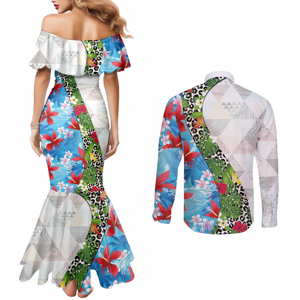 Hawaiian Tropical Flowers and Leaves Couples Matching Mermaid Dress and Long Sleeve Button Shirt on Leopard Pattern Half Style White-Blue Version LT03 - Polynesian Pride