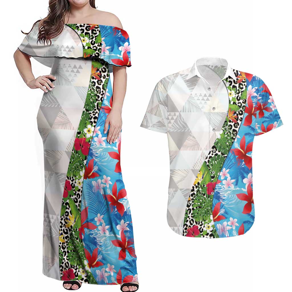 Hawaiian Tropical Flowers and Leaves Couples Matching Off Shoulder Maxi Dress and Hawaiian Shirt on Leopard Pattern Half Style White-Blue Version LT03 White - Polynesian Pride