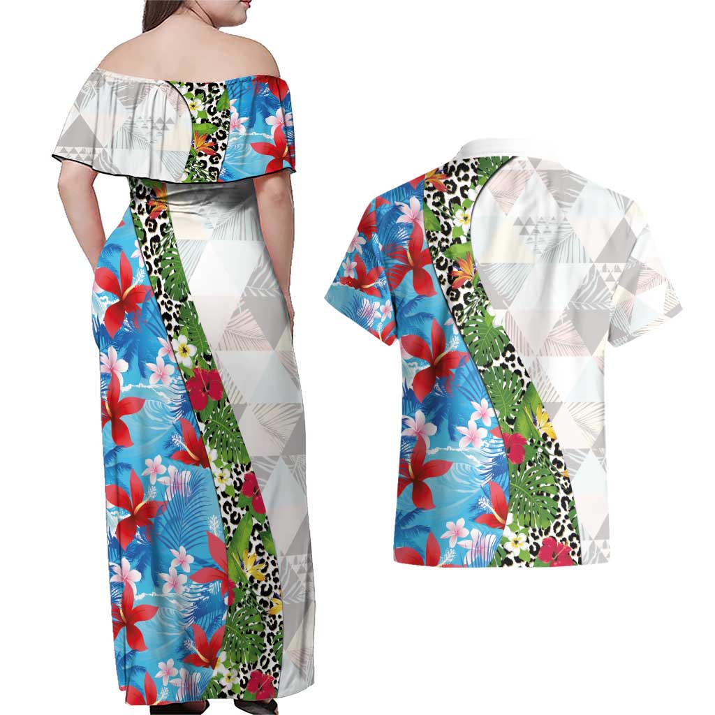 Hawaiian Tropical Flowers and Leaves Couples Matching Off Shoulder Maxi Dress and Hawaiian Shirt on Leopard Pattern Half Style White-Blue Version LT03 - Polynesian Pride