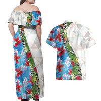Hawaiian Tropical Flowers and Leaves Couples Matching Off Shoulder Maxi Dress and Hawaiian Shirt on Leopard Pattern Half Style White-Blue Version LT03 - Polynesian Pride