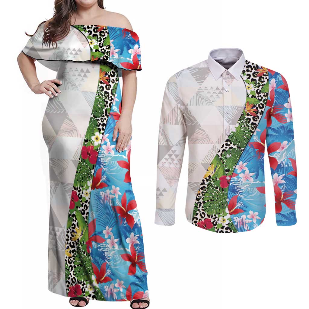 Hawaiian Tropical Flowers and Leaves Couples Matching Off Shoulder Maxi Dress and Long Sleeve Button Shirt on Leopard Pattern Half Style White-Blue Version LT03 White - Polynesian Pride
