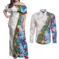Hawaiian Tropical Flowers and Leaves Couples Matching Off Shoulder Maxi Dress and Long Sleeve Button Shirt on Leopard Pattern Half Style White-Blue Version LT03 White - Polynesian Pride