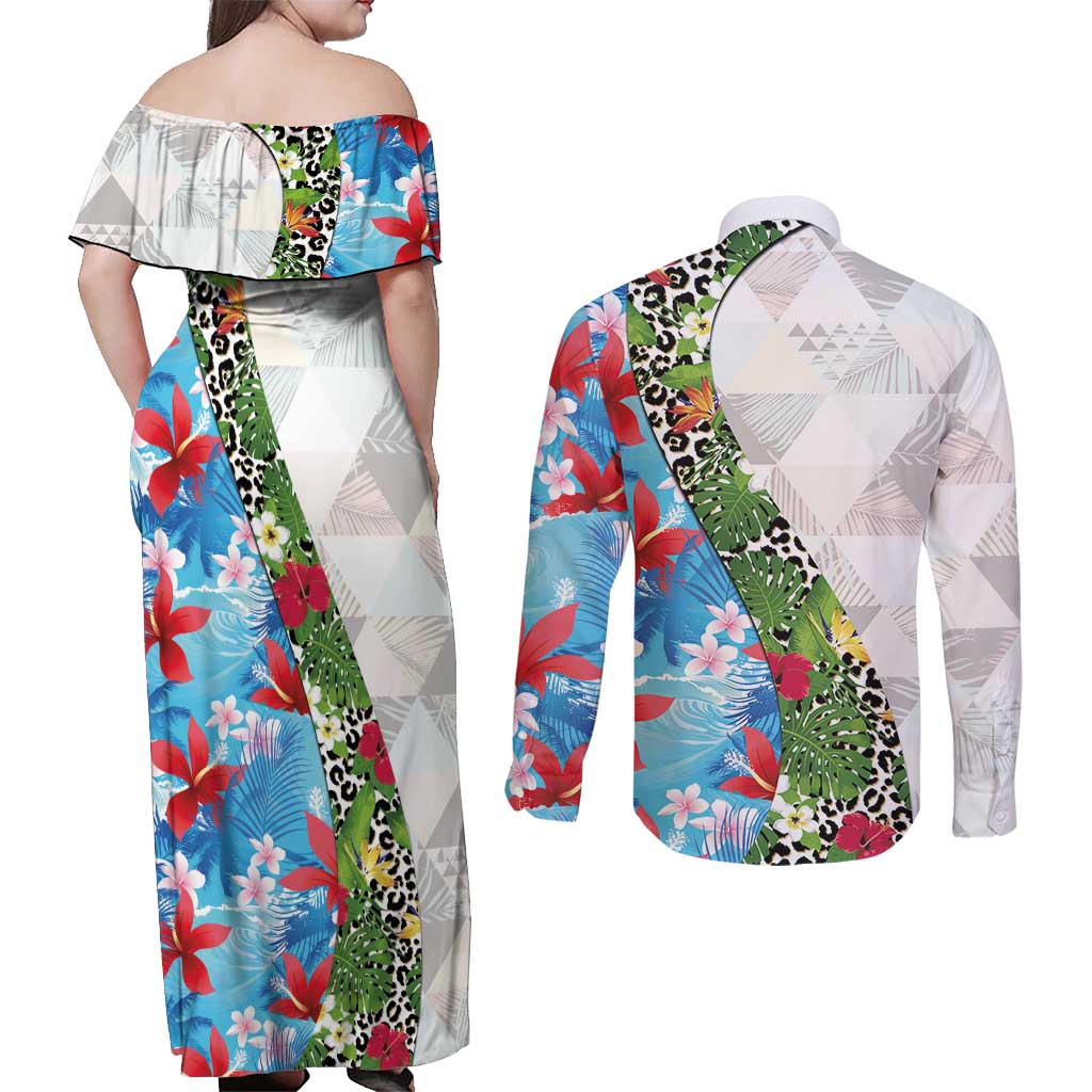 Hawaiian Tropical Flowers and Leaves Couples Matching Off Shoulder Maxi Dress and Long Sleeve Button Shirt on Leopard Pattern Half Style White-Blue Version LT03 - Polynesian Pride
