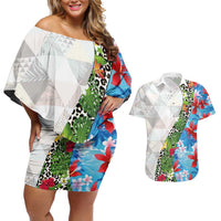 Hawaiian Tropical Flowers and Leaves Couples Matching Off Shoulder Short Dress and Hawaiian Shirt on Leopard Pattern Half Style White-Blue Version LT03 White - Polynesian Pride