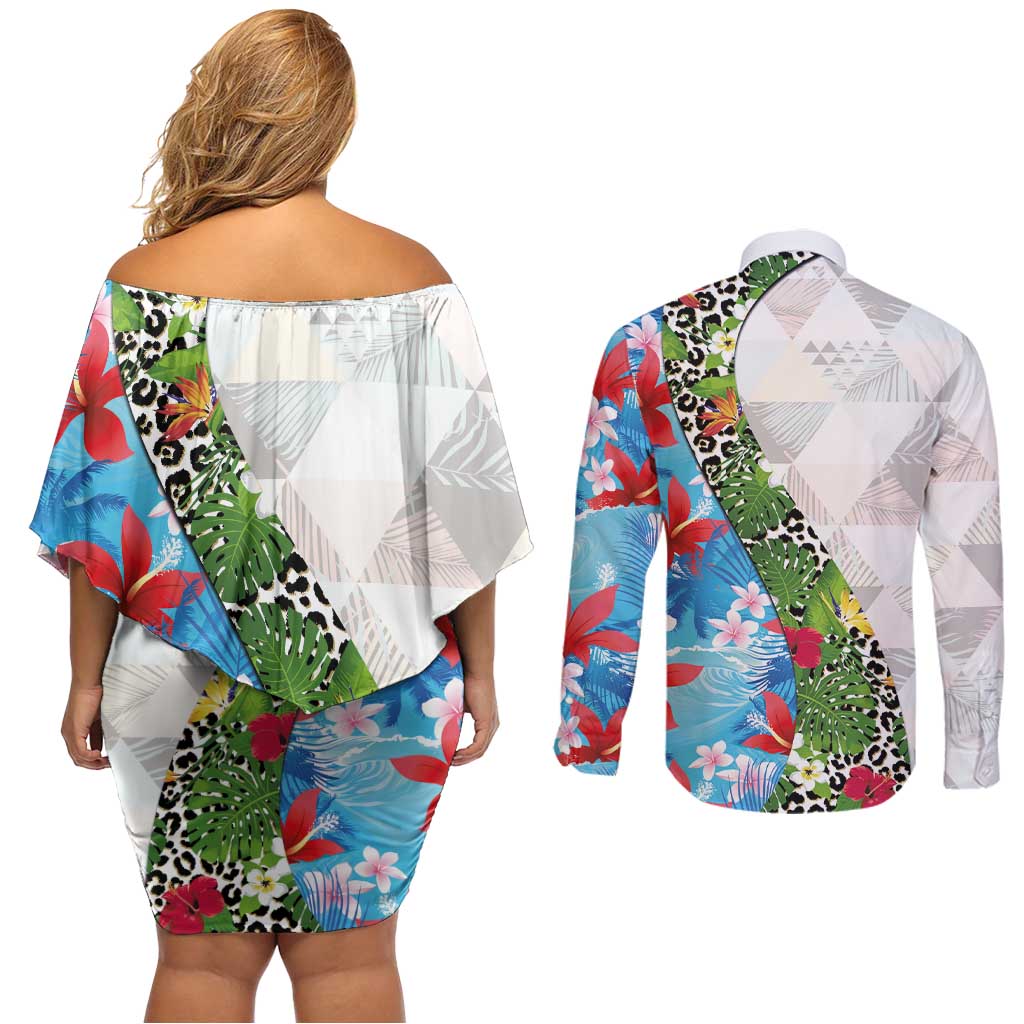 Hawaiian Tropical Flowers and Leaves Couples Matching Off Shoulder Short Dress and Long Sleeve Button Shirt on Leopard Pattern Half Style White-Blue Version LT03 - Polynesian Pride