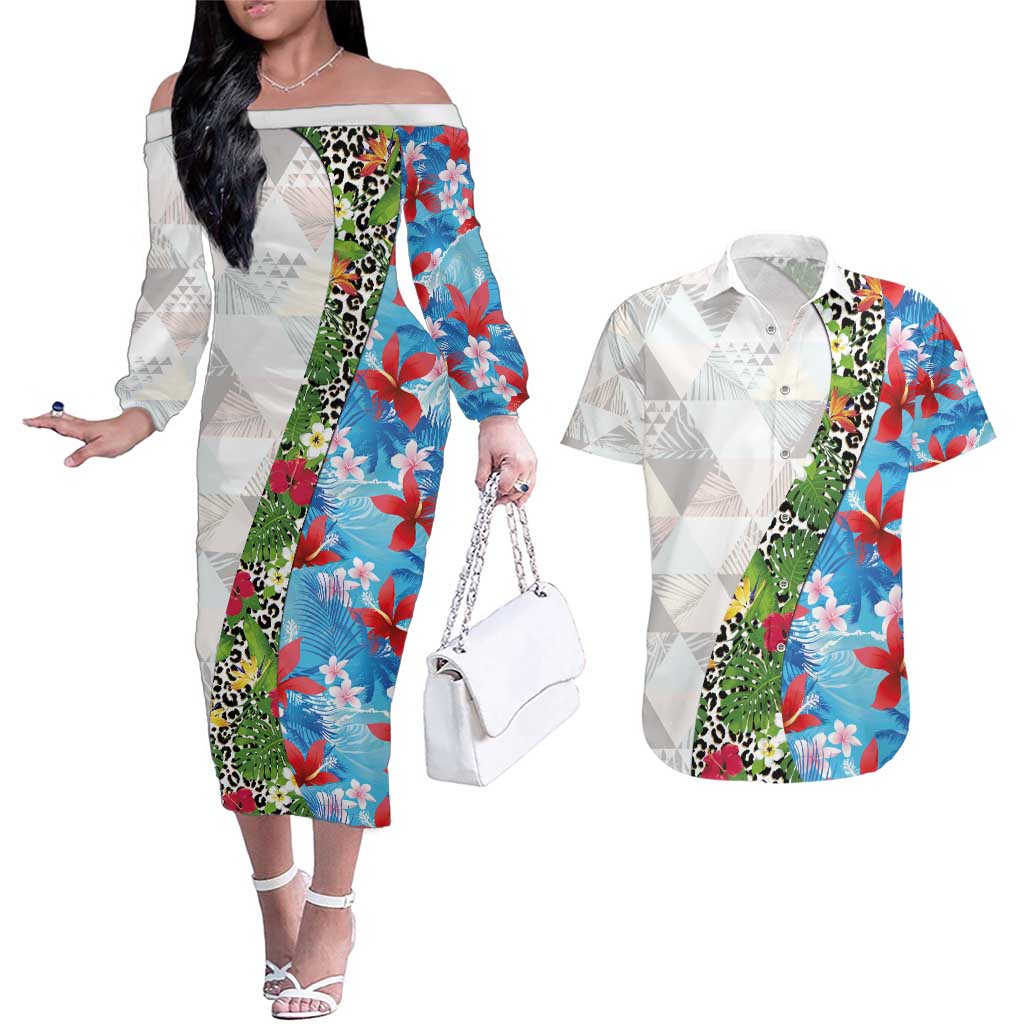 Hawaiian Tropical Flowers and Leaves Couples Matching Off The Shoulder Long Sleeve Dress and Hawaiian Shirt on Leopard Pattern Half Style White-Blue Version LT03 White - Polynesian Pride