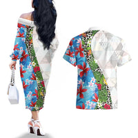 Hawaiian Tropical Flowers and Leaves Couples Matching Off The Shoulder Long Sleeve Dress and Hawaiian Shirt on Leopard Pattern Half Style White-Blue Version LT03 - Polynesian Pride