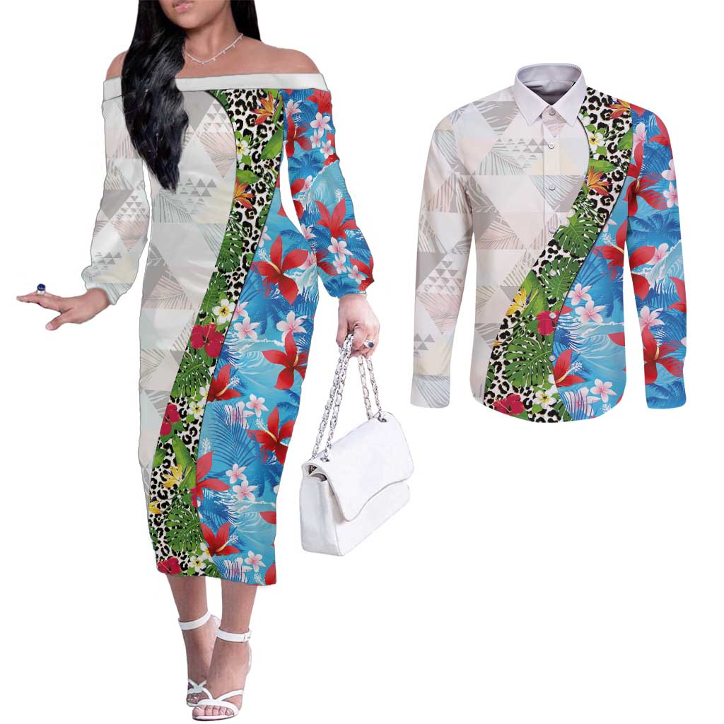 Hawaiian Tropical Flowers and Leaves Couples Matching Off The Shoulder Long Sleeve Dress and Long Sleeve Button Shirt on Leopard Pattern Half Style White-Blue Version LT03 White - Polynesian Pride