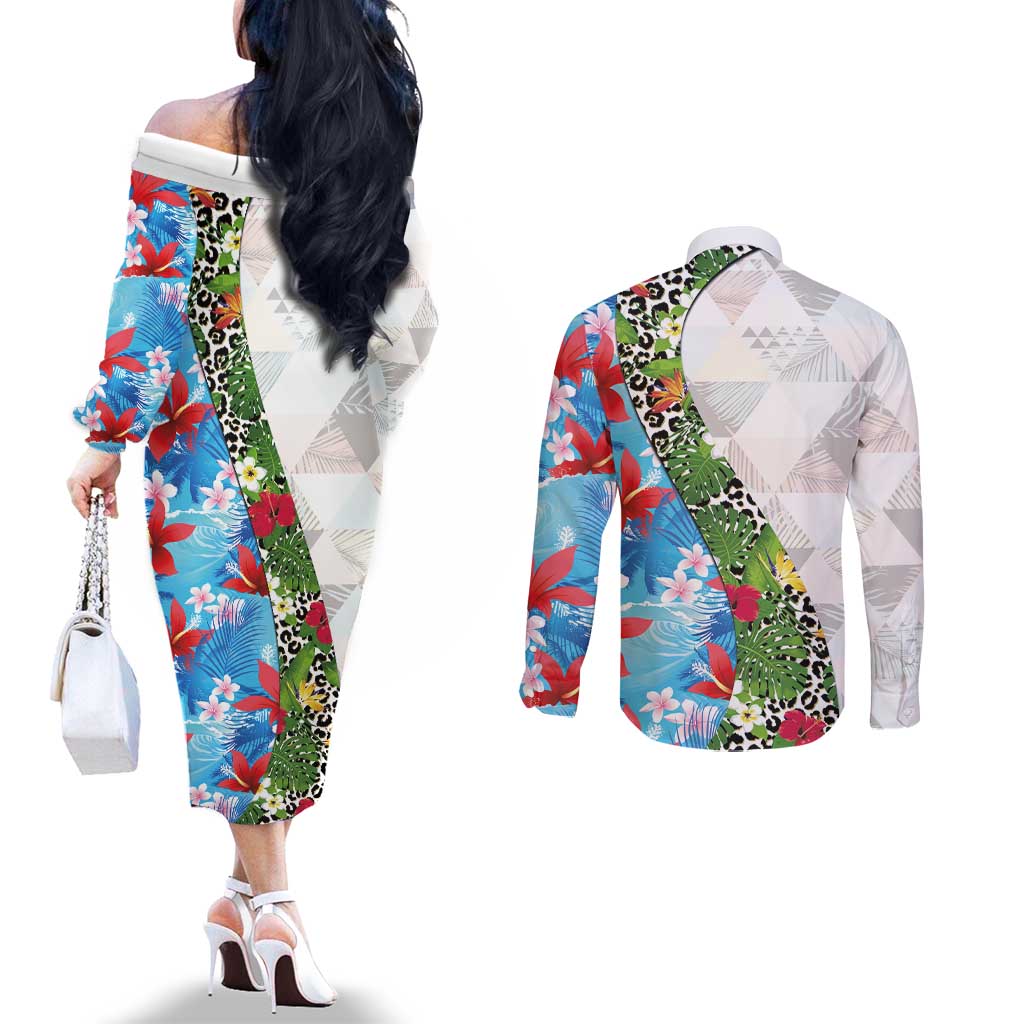 Hawaiian Tropical Flowers and Leaves Couples Matching Off The Shoulder Long Sleeve Dress and Long Sleeve Button Shirt on Leopard Pattern Half Style White-Blue Version LT03 - Polynesian Pride