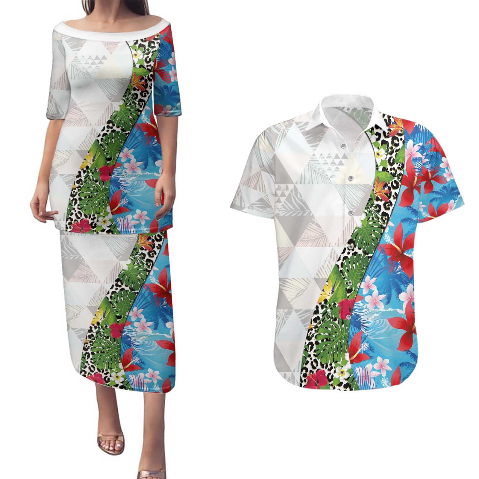 Hawaiian Tropical Flowers and Leaves Couples Matching Puletasi and Hawaiian Shirt on Leopard Pattern Half Style White-Blue Version LT03 White - Polynesian Pride