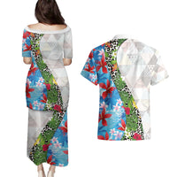 Hawaiian Tropical Flowers and Leaves Couples Matching Puletasi and Hawaiian Shirt on Leopard Pattern Half Style White-Blue Version LT03 - Polynesian Pride