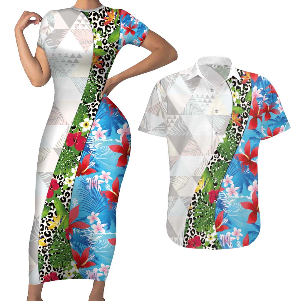 Hawaiian Tropical Flowers and Leaves Couples Matching Short Sleeve Bodycon Dress and Hawaiian Shirt on Leopard Pattern Half Style White-Blue Version LT03 White - Polynesian Pride