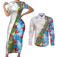 Hawaiian Tropical Flowers and Leaves Couples Matching Short Sleeve Bodycon Dress and Long Sleeve Button Shirt on Leopard Pattern Half Style White-Blue Version LT03 White - Polynesian Pride