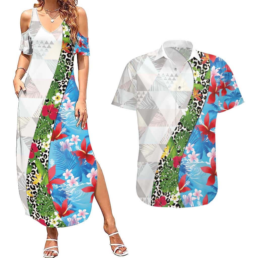 Hawaiian Tropical Flowers and Leaves Couples Matching Summer Maxi Dress and Hawaiian Shirt on Leopard Pattern Half Style White-Blue Version LT03 White - Polynesian Pride