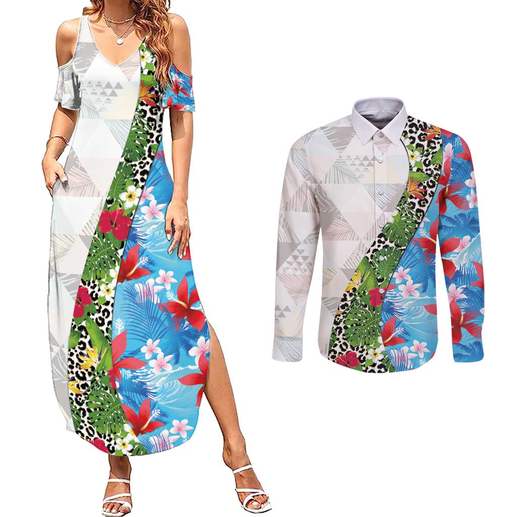 Hawaiian Tropical Flowers and Leaves Couples Matching Summer Maxi Dress and Long Sleeve Button Shirt on Leopard Pattern Half Style White-Blue Version LT03 White - Polynesian Pride