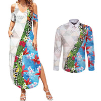Hawaiian Tropical Flowers and Leaves Couples Matching Summer Maxi Dress and Long Sleeve Button Shirt on Leopard Pattern Half Style White-Blue Version LT03 White - Polynesian Pride